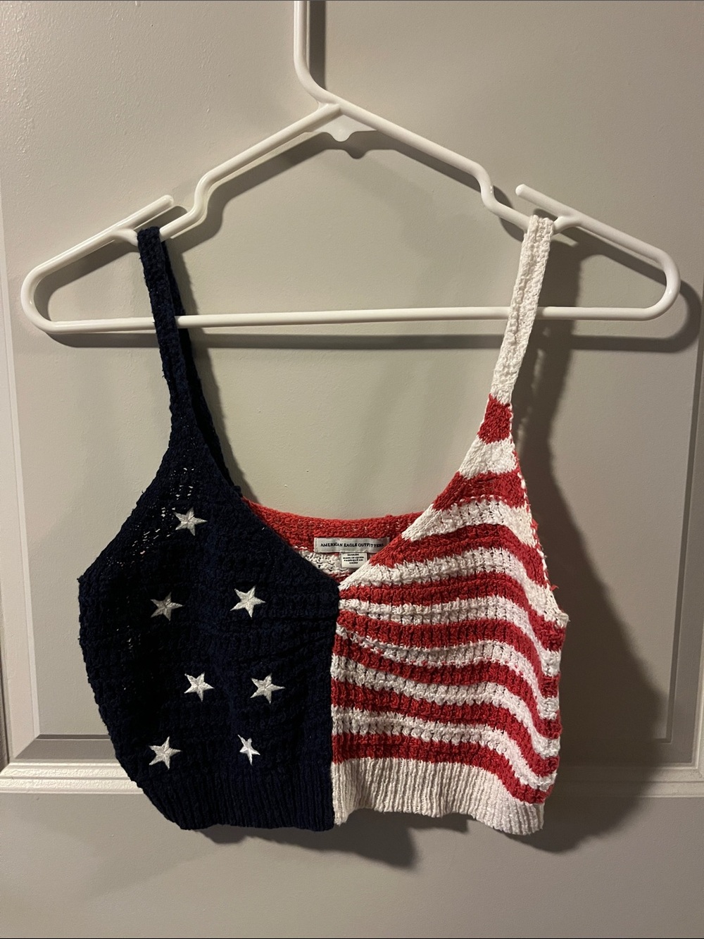 American Eagle Outfitters Red, White & Blue Crocheted Flag Crop Tank Top